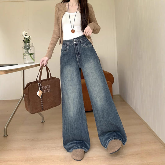 Damen Bequeme High-Waist Weitjeans mit Knopfdetail und modernen Taschen R&B