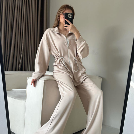 Damen modisches Satin-Sportanzug-Set mit verstellbarem Bund und hohem Kragen R&B