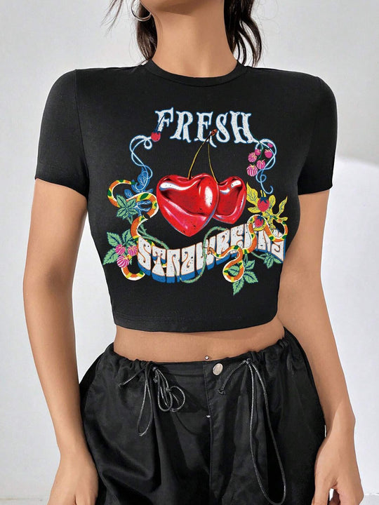 Damen Crop-Top mit floralem Grafikdruck und figurbetontem Schnitt R&B