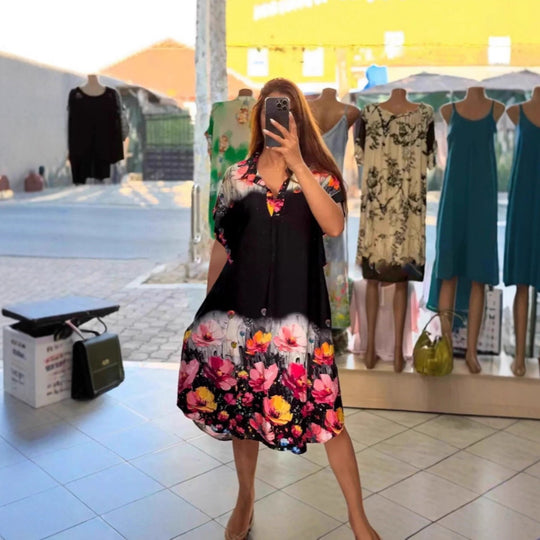 Damen nan leichtes Hemdblusenkleid mit floralem Bordürenprint, offenem V‑Ausschnitt und Einschubtaschen R&B