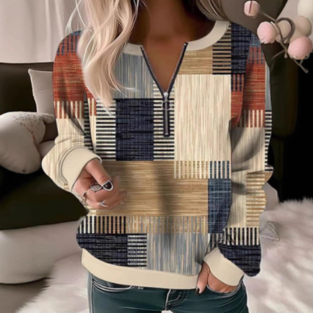 Damen nan gemütlicher Pullover mit kurzem Reißverschluss, grafischem Patchworkmuster, verlängerten Ärmelbündchen und geripptem Saum R&B