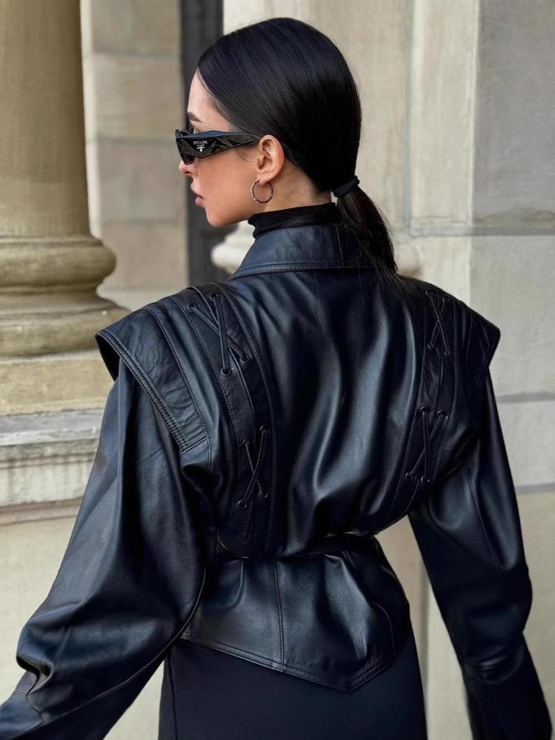 R&B | Schwarzer PU-Leder Damen Blazer mit Gürtel