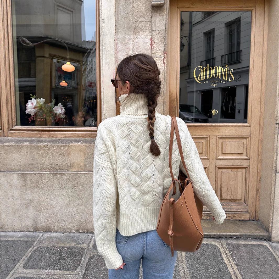 Damen gemütlicher Pullover mit hohem Kragen und Kabelstrick R&B