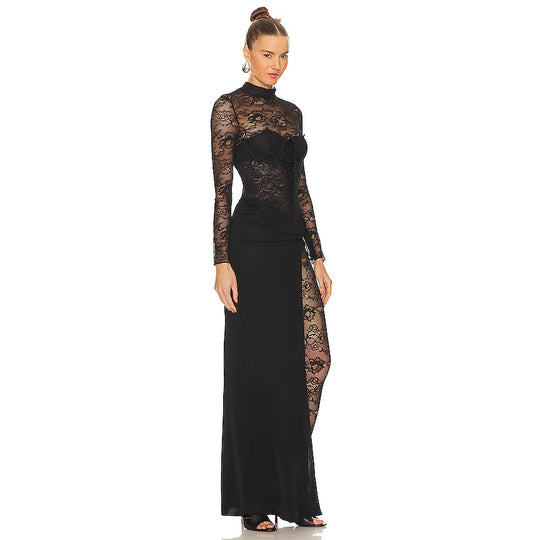 Damen Lange Spitze Kleid mit transparenten Einsätzen und elegantem Schlitz R&B