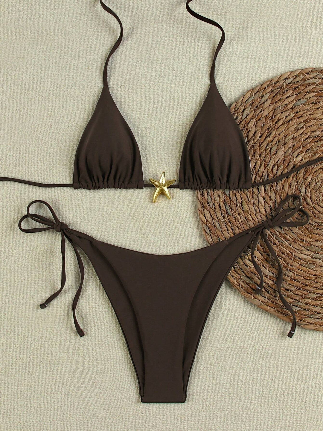 Damen Triangel-Bikini-Set mit verstellbaren Trägern und dekorativem Schmuckelement R&B