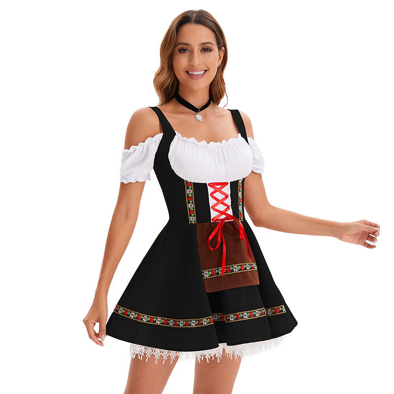 Damen nan kurzes Trachtenkleid im Dirndlstil mit Schnürung, schulterfreiem Carmen-Ausschnitt und Zierschürze R&B