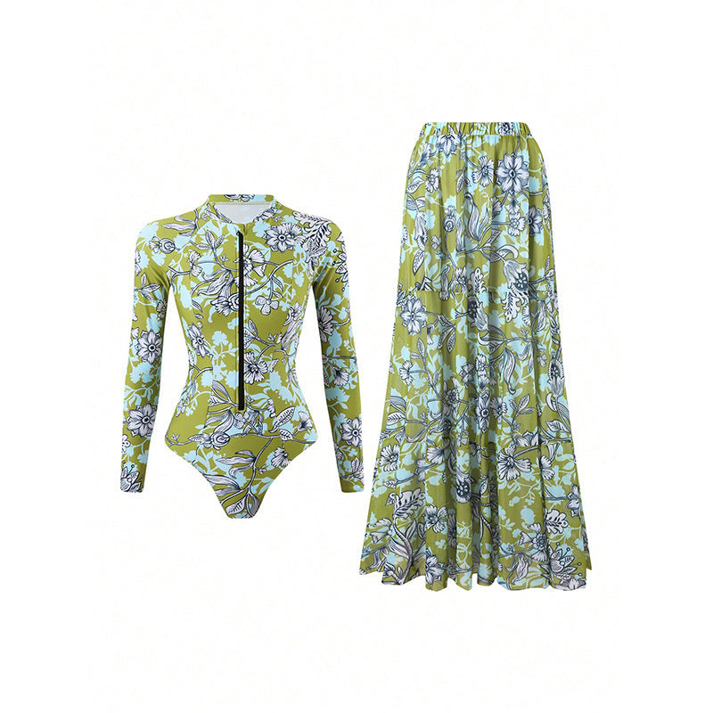 Damen Badeanzug mit langärmligem Design und floralem Maxirock