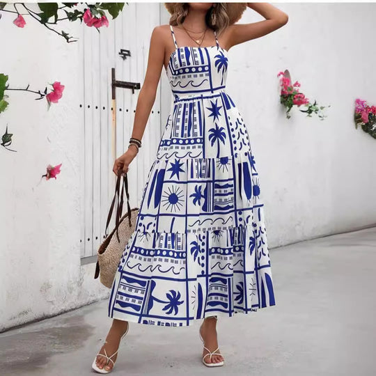 Damen Maxikleid mit angesagtem Grafikdruck und verstellbaren Spaghettiträgern R&B