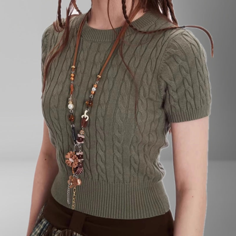Damen Kurzarm Strickoberteil mit Kabelmuster R&B