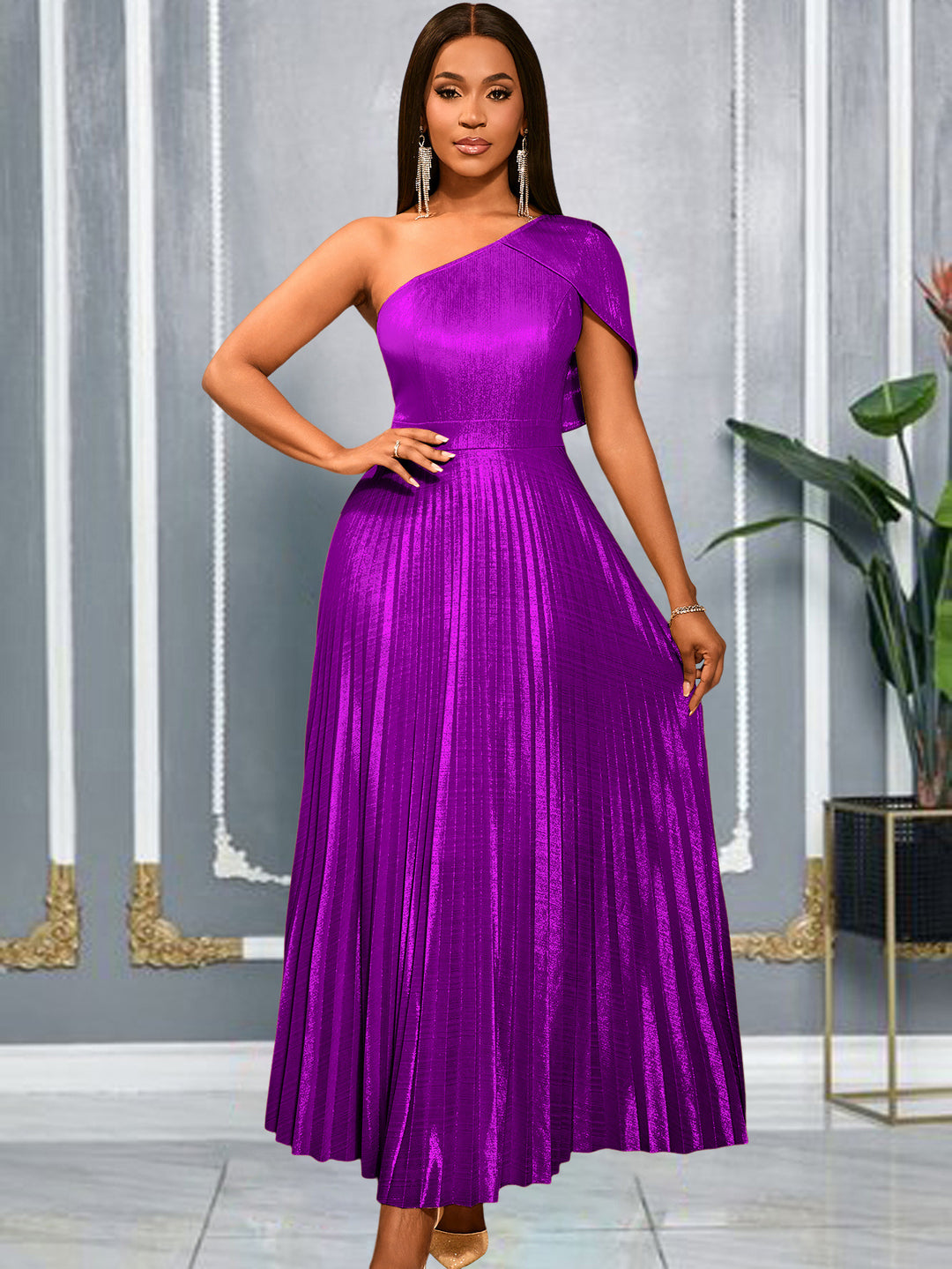 Damen Glamouröses Ein-Schulter Abendkleid mit Plissee-Falten R&B