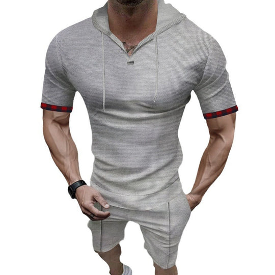 Herren nan sommerliches Kapuzen-Lounge-Set in leichter Waffelstruktur mit Kurzarm-Hoodie Henley-Öffnung und Komfort-Shorts R&B