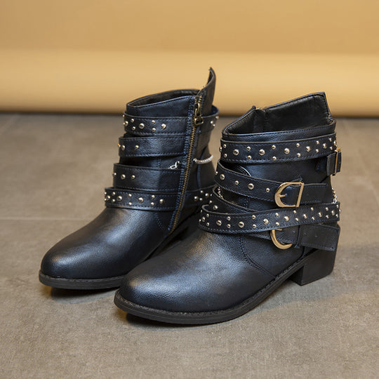 Damen modische Stiefeletten mit verzierten Riemen und Kettenelementen R&B