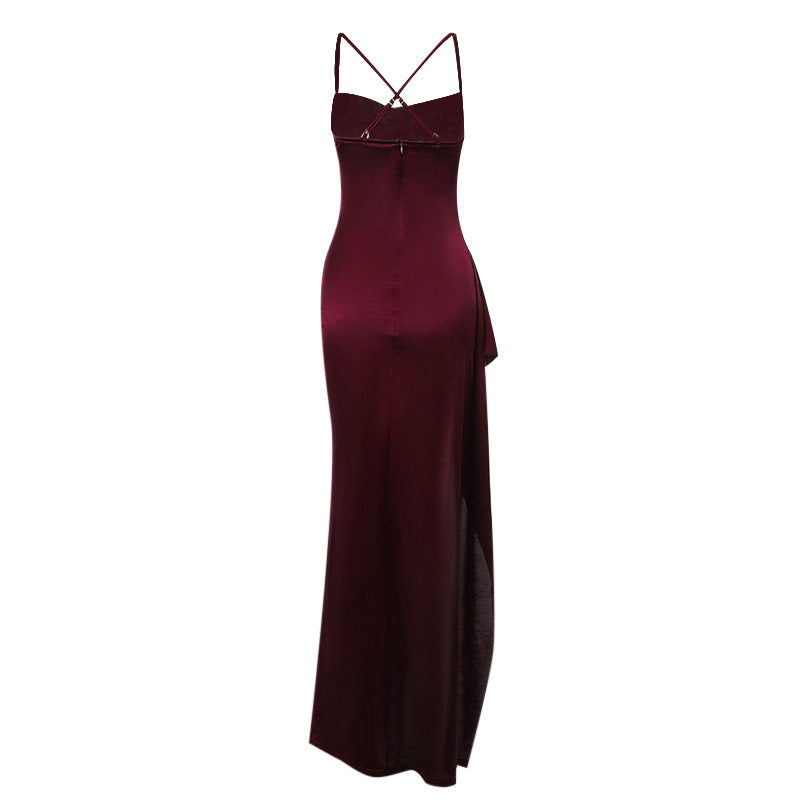 Damen elegantes Satin-Kleid mit tiefem Schlitz und verstellbaren Spaghetti-Trägern R&B