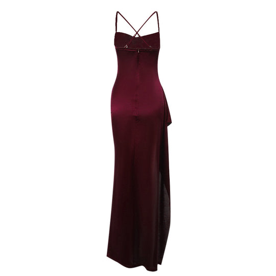 Damen elegantes Satin-Kleid mit tiefem Schlitz und verstellbaren Spaghetti-Trägern R&B
