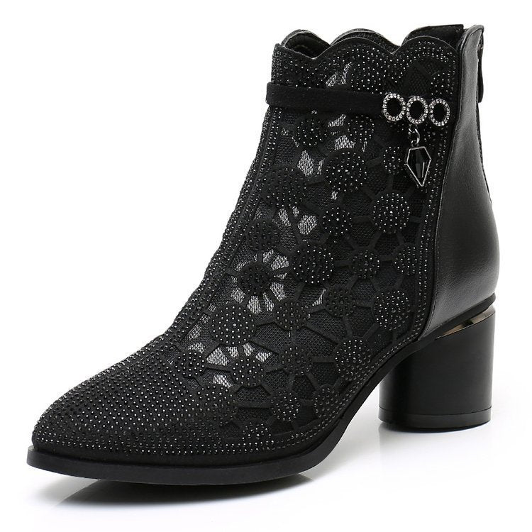 Damen elegante Ankle-Boots mit transparentem Blumendesign und komfortablem Blockabsatz R&B
