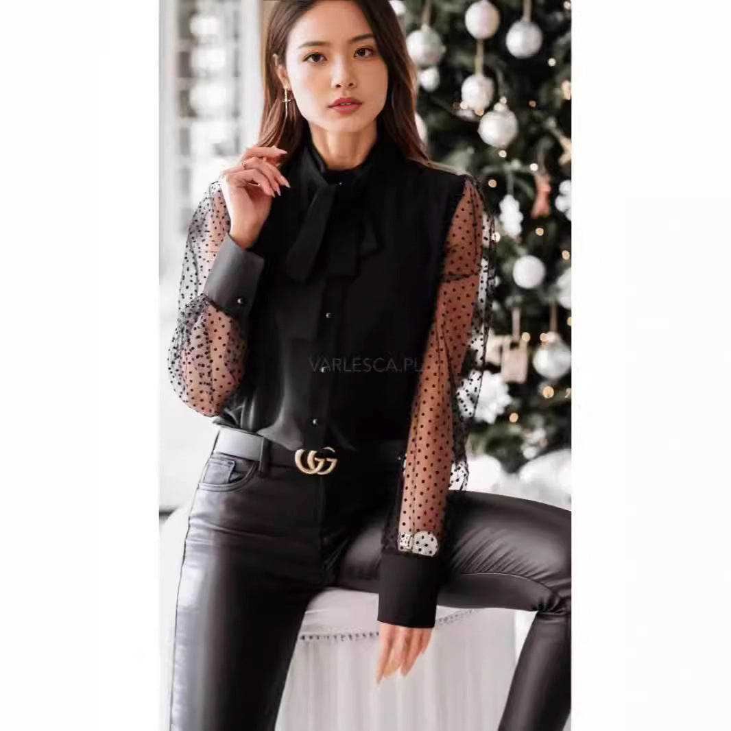 Damen Bluse mit transparenten Puffärmeln und filigranem Schleifen-Detail R&B