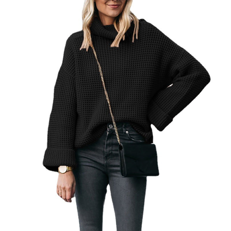 Damen Grobstrick Pullover mit hohem Kragen und weitem Schnitt R&B