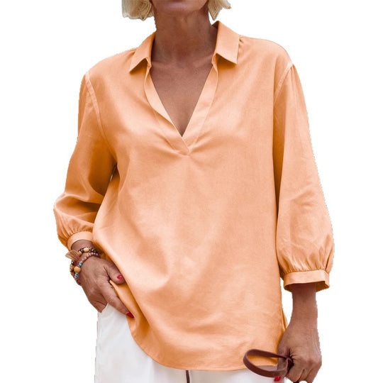 Damen Bluse mit lässigem V-Ausschnitt und elastischen Ärmeln R&B