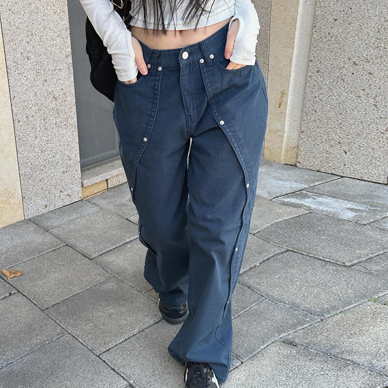 Damen Weite Utility-Hose mit dekorativen Druckknöpfen und R&Brnen Akzenten R&B