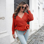 Damen Wickelpullover mit Rüschensaum und Taillengurt R&B