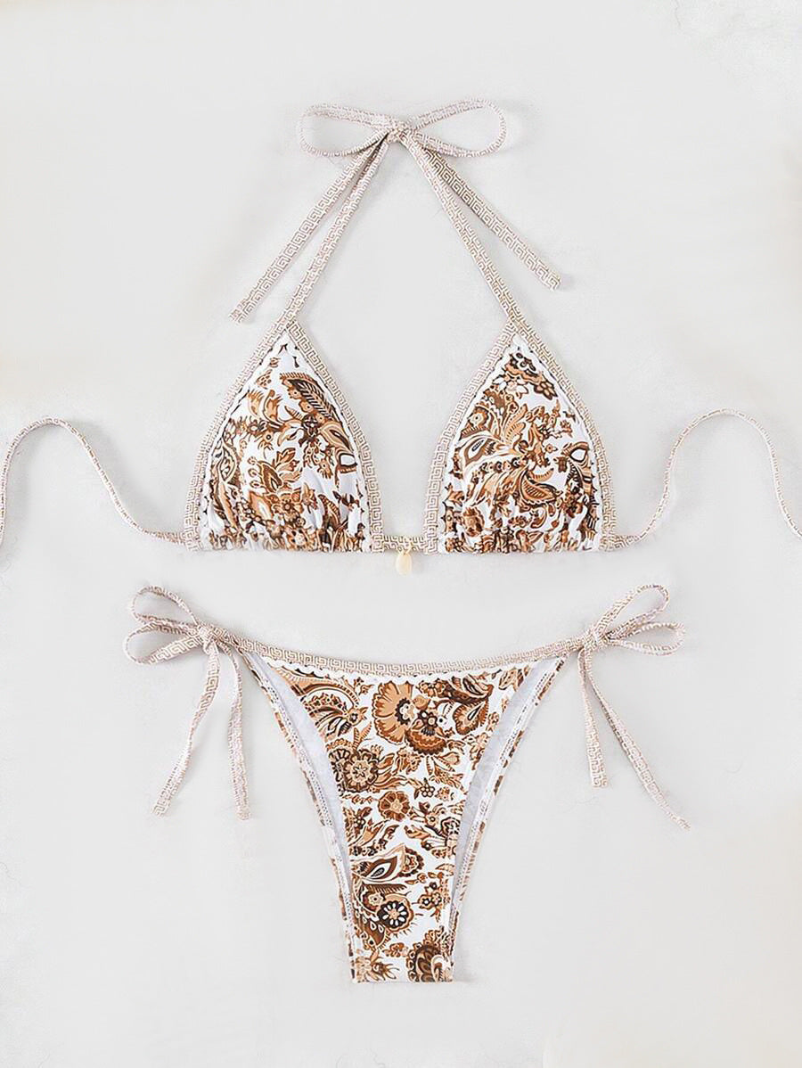 Damen Triangel-Bikini-Set mit verstellbaren Bindebändern und floralem Design R&B