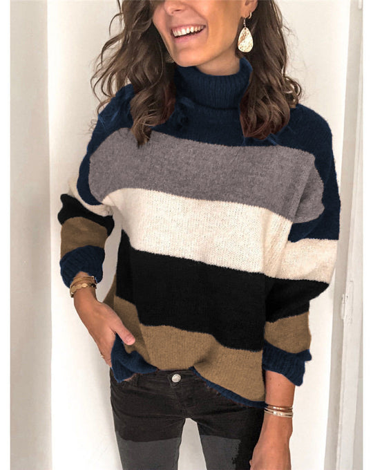 Damen modischer Strickpullover mit hohem Kragen und breitem Streifenmuster R&B