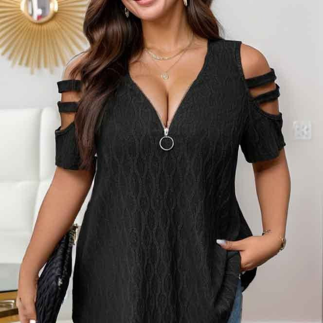 Damen elegantes Oberteil mit kreativem Reißverschluss und Cut-Out-Ärmeln R&B