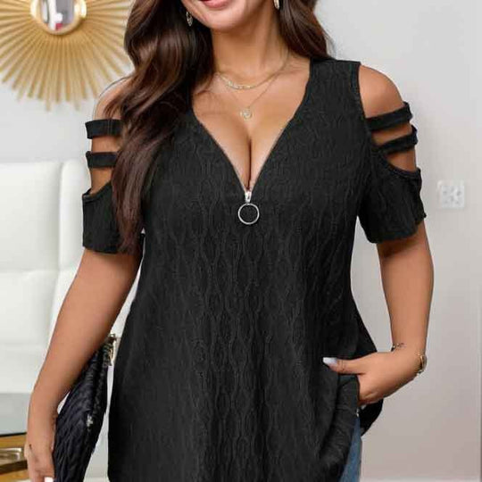 Damen elegantes Oberteil mit kreativem Reißverschluss und Cut-Out-Ärmeln R&B
