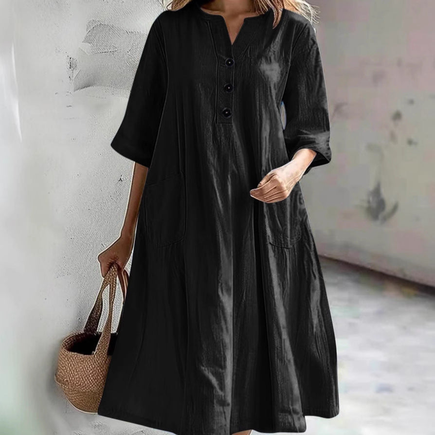 Damen lässiges Baumwollkleid mit Knopfleiste und praktischen Taschen R&B