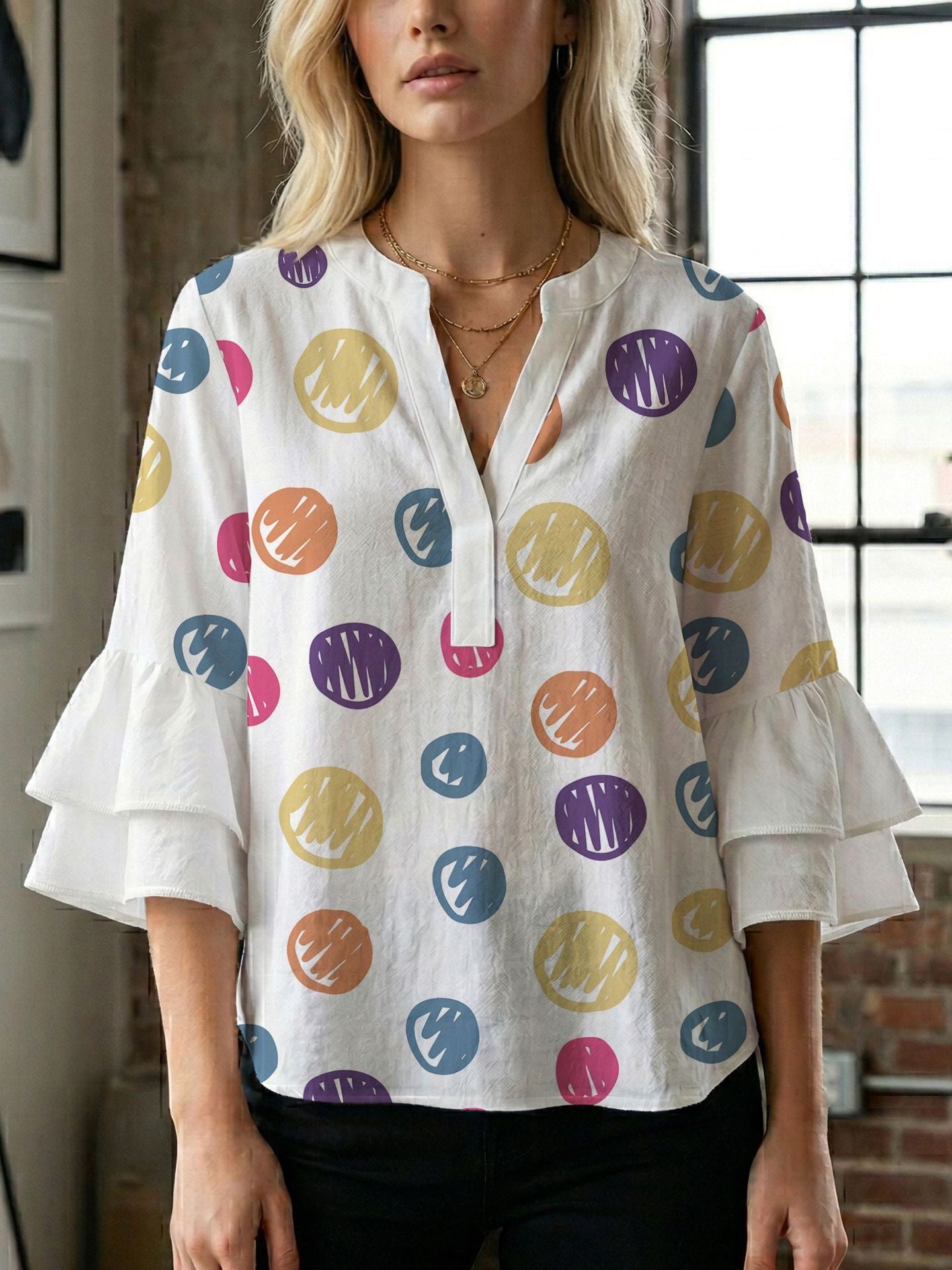 Damen Bluse mit voluminösen Flügelärmel und intensivem Blattmuster