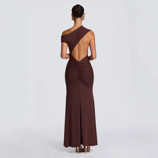 Damen Elegantes asymmetrisches Maxikleid mit schulterfreiem Design R&B