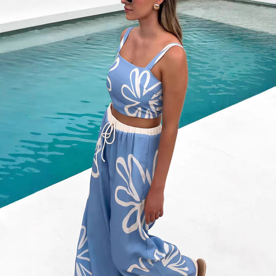 Damen Freizeitoberteil und weit geschnittene Hose mit floralem Muster R&B