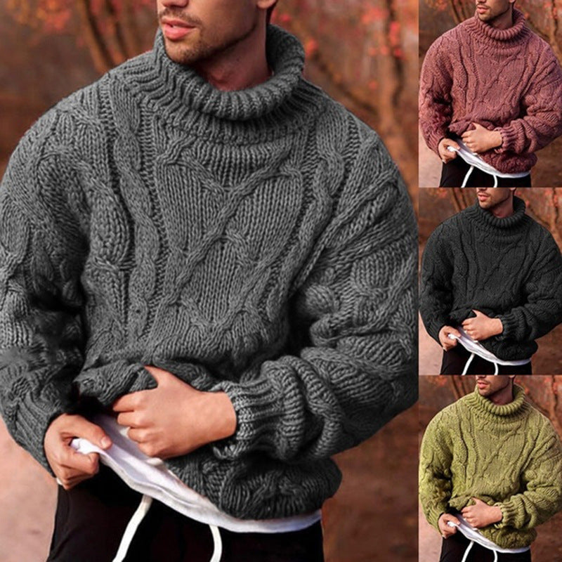 Herren Strickpullover mit hohem Kragen und strukturiertem Zopfmuster