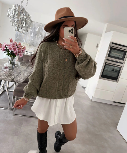 Damen Grobstrickpullover mit voluminösen Ärmeln und romantischem Zopfdesign R&B