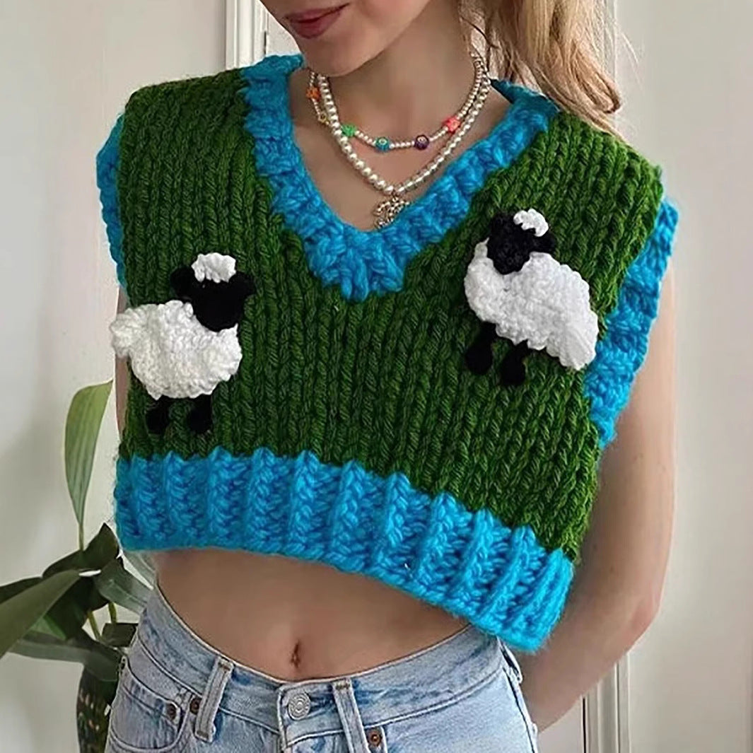Damen gehäkeltes Crop-Top mit kreativen Schafmotiven R&B