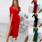 Damen elegantes Wickelkleid mit tiefem V-Ausschnitt und hohem Schlitz