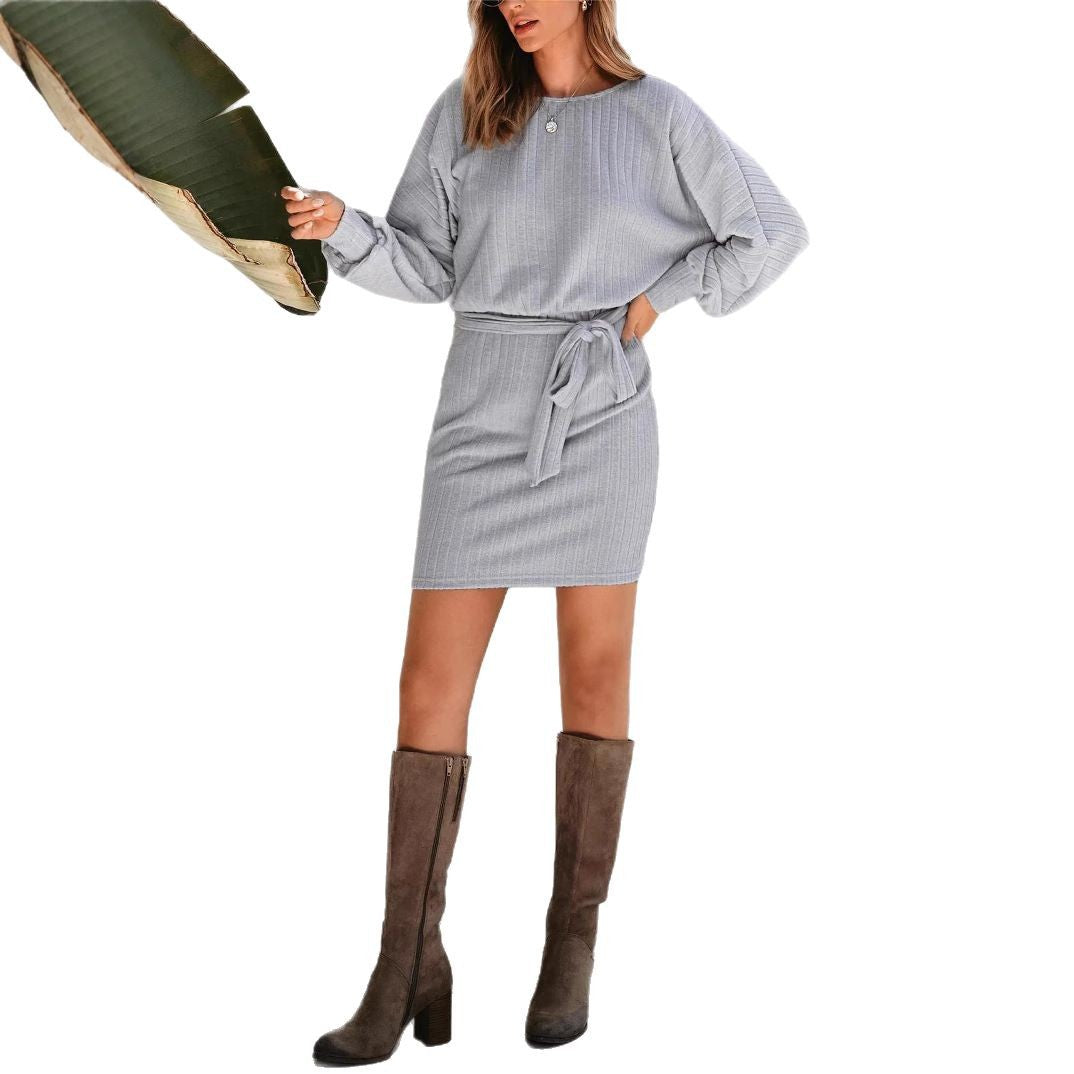 Damen lässiges Strickkleid mit tailliertem Schnitt und langen Ärmeln R&B