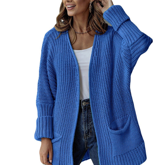 Damen gemütliche Strickjacke mit tiefen Taschen und volumetrischen Ärmeln R&B