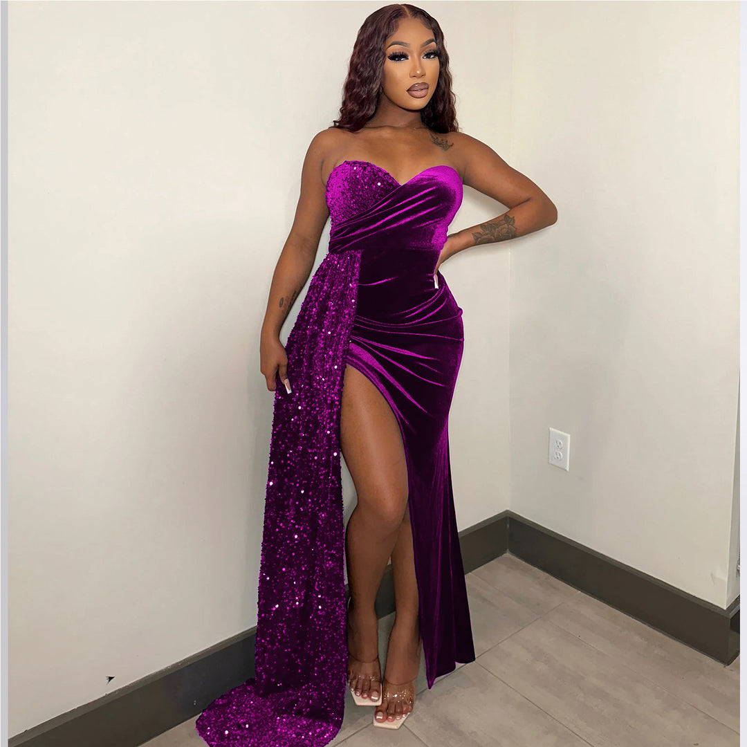 Damen Glamouröses Abendkleid mit schimmerndem Satin und hohem Schlitz R&B