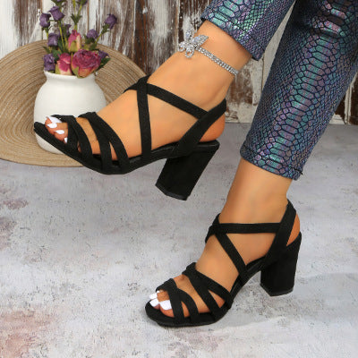 Damen elegante Blockabsatzsandalen mit gekreuzten Riemen R&B