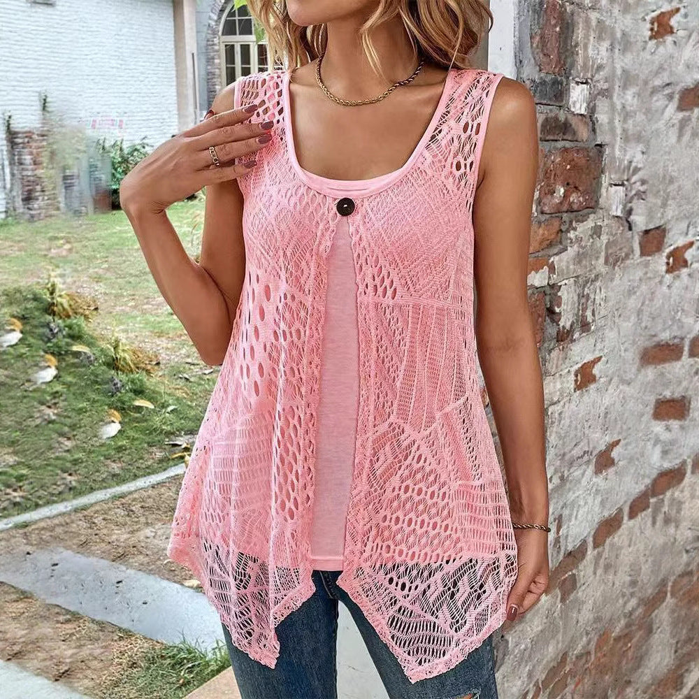 Damen nan zweilagiges Häkel-Overlay mit Jersey-Innentop, Ein-Knopf-Verschluss und asymmetrischem Zipfelsaum R&B