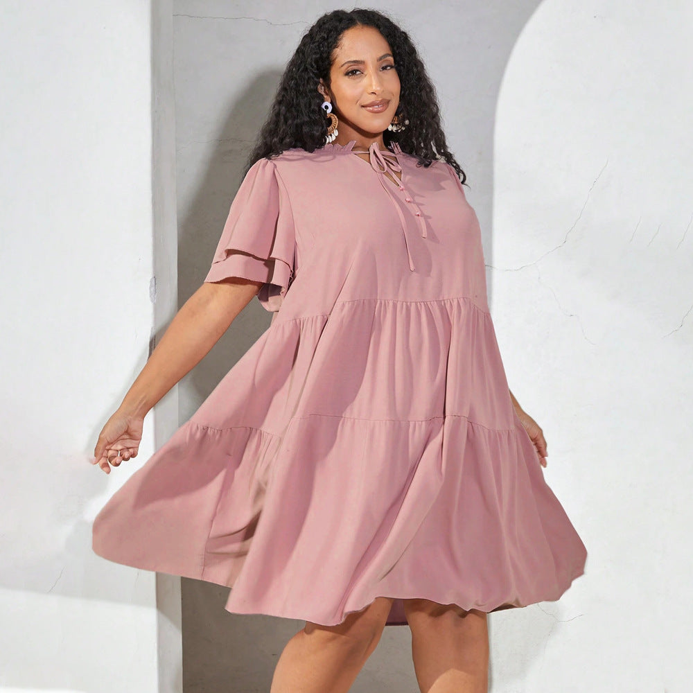 Damen luftiges Freizeitkleid mit verspielten Rüschen und elegantem Bindegürtel R&B