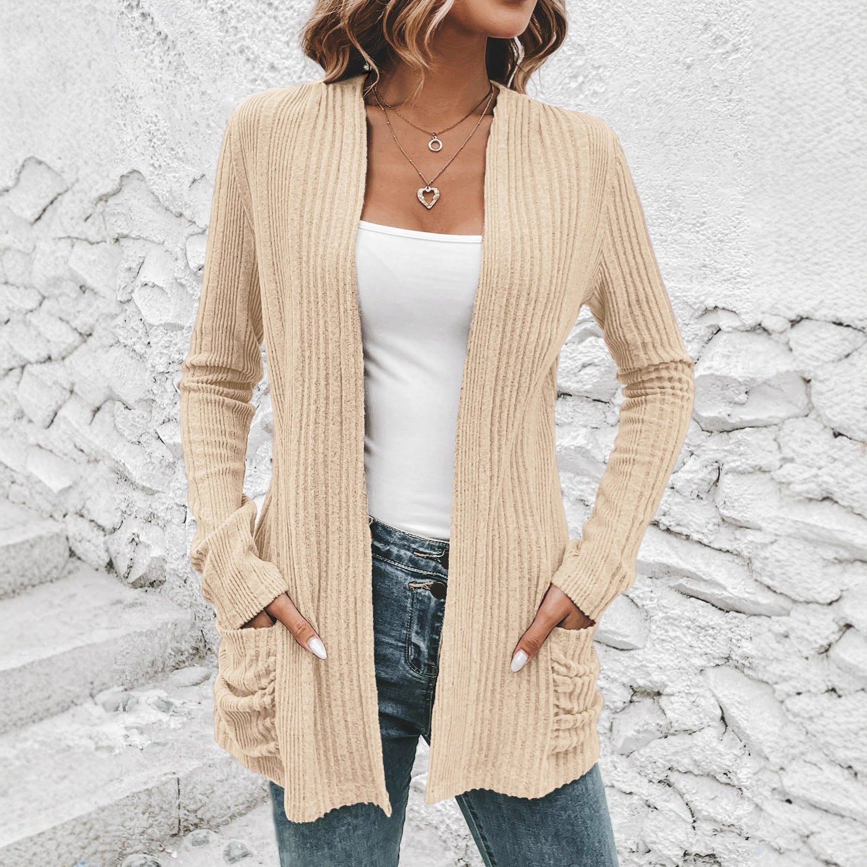 Damen Strickjacke mit langen Ärmeln und seitlichen Taschen R&B