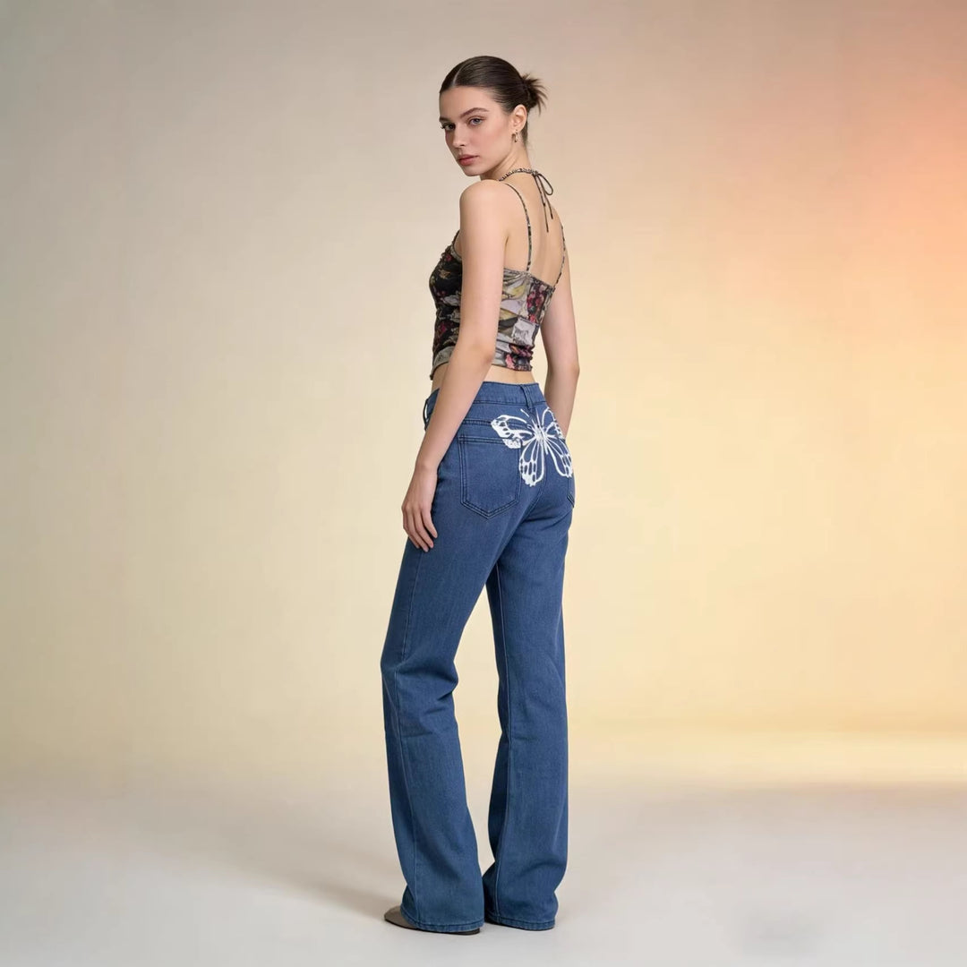 Damen Weite Jeans mit kunstvollem Schmetterlingsdesign R&B