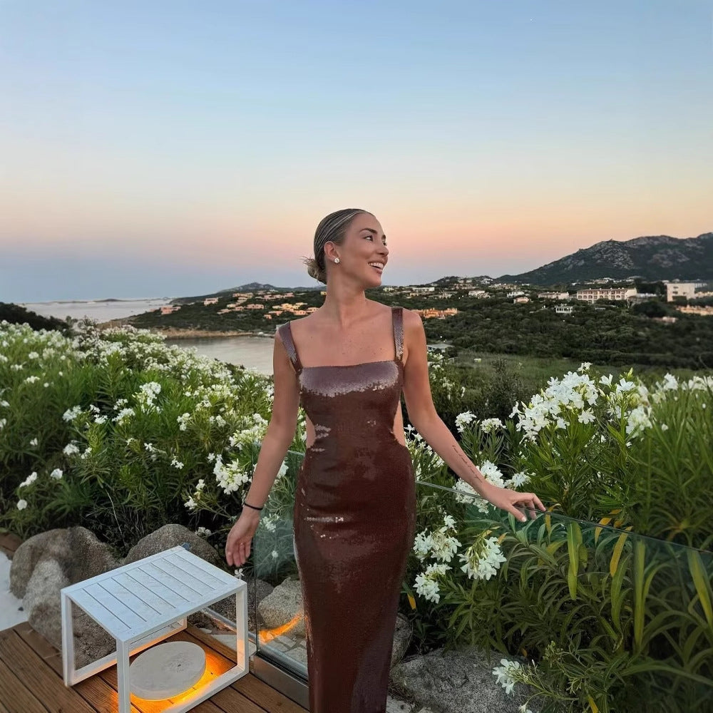 Damen Pailetten Maxikleid mit trägerlosem Design und elegantem Schnitt R&B