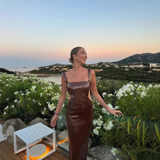 Damen Pailetten Maxikleid mit trägerlosem Design und elegantem Schnitt R&B