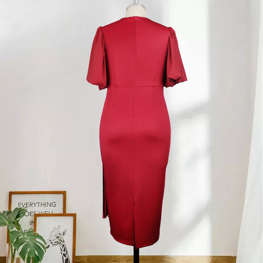 Damen elegantes Faltenkleid mit V-Ausschnitt und voluminösen Ärmeln R&B