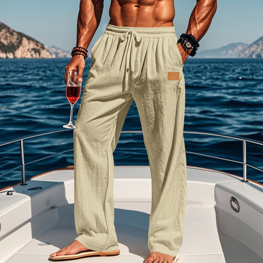 Herren nan maritime Leinen-Freizeithose mit weitem Bein elastischem Tunnelzugbund und Eingrifftaschen R&B