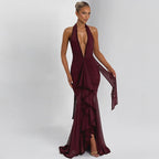 Damen Elegantes Abendkleid mit tiefem V-Ausschnitt und Rüschendetails R&B