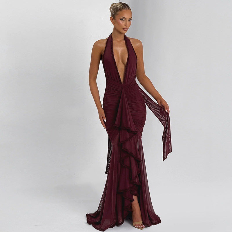 Damen Elegantes Abendkleid mit tiefem V-Ausschnitt und Rüschendetails R&B